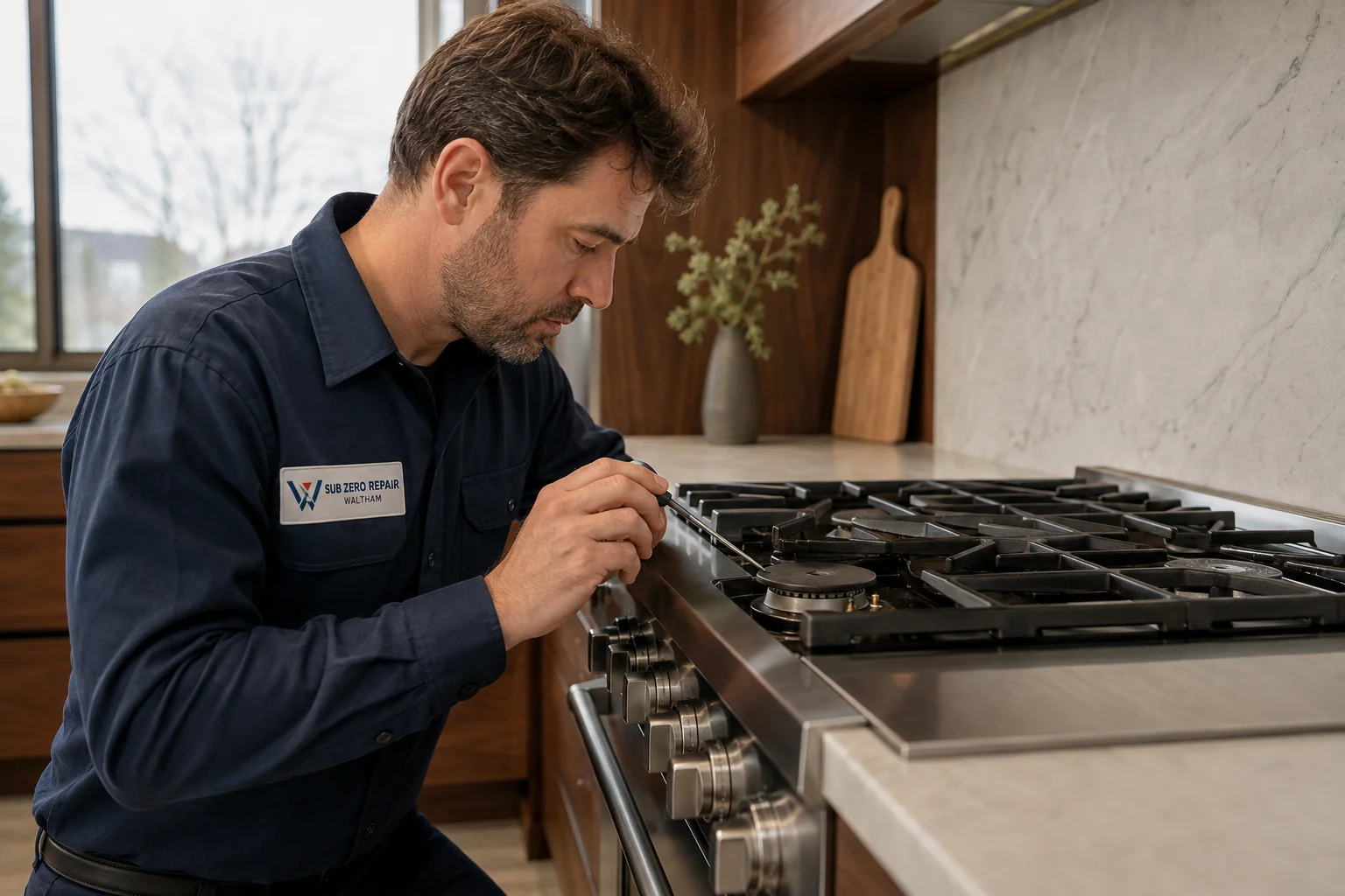 Illustrative kitchen appliance service scene