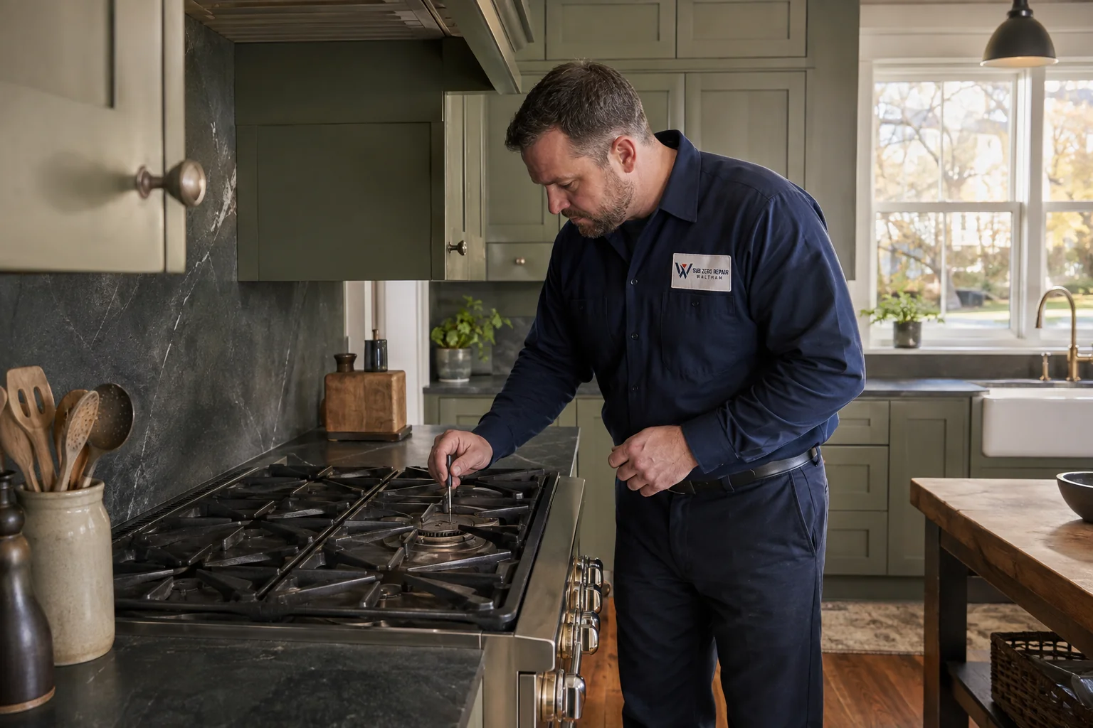 Illustrative Wolf kitchen appliance service scene
