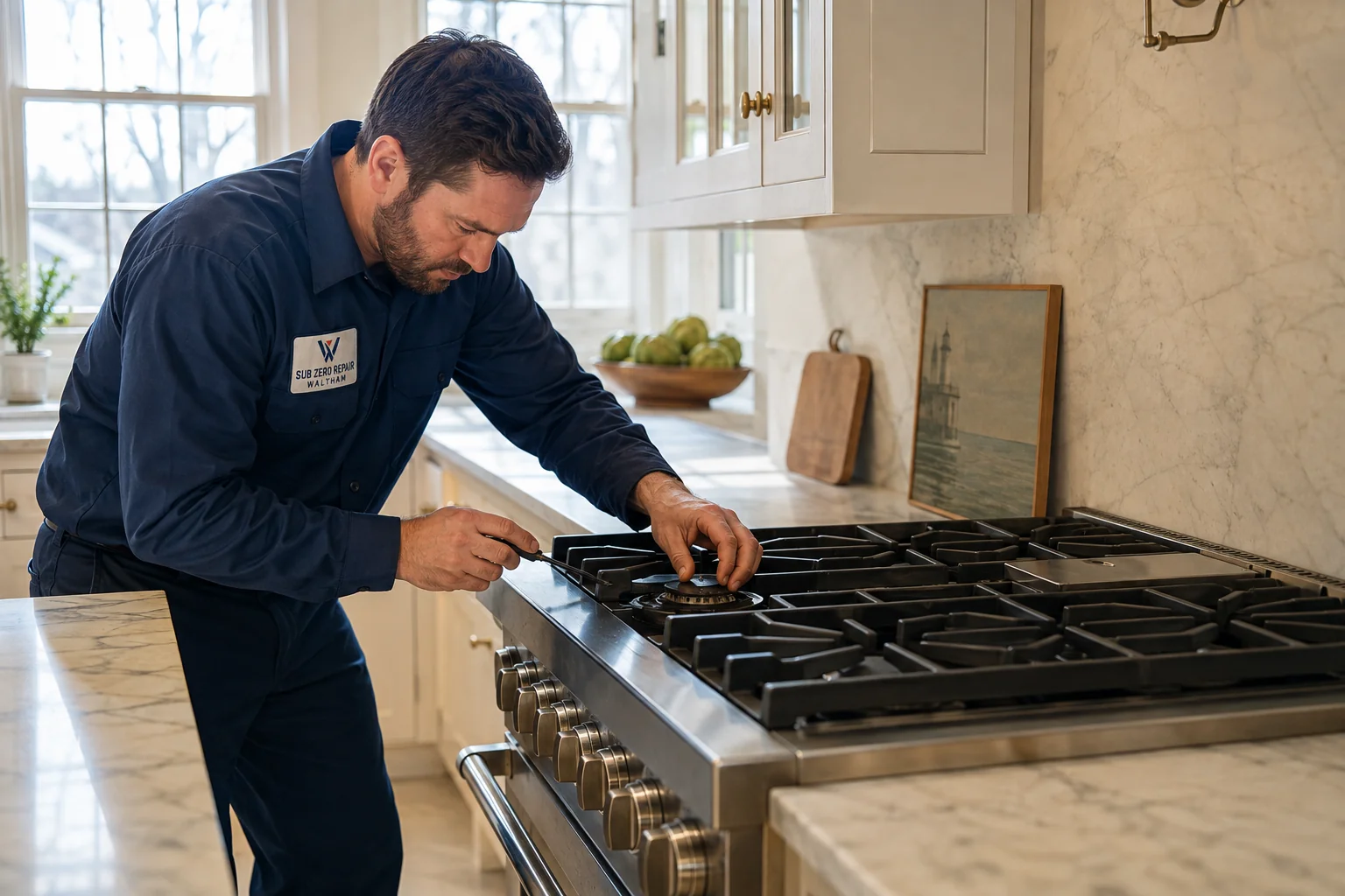Illustrative Wolf kitchen appliance service scene