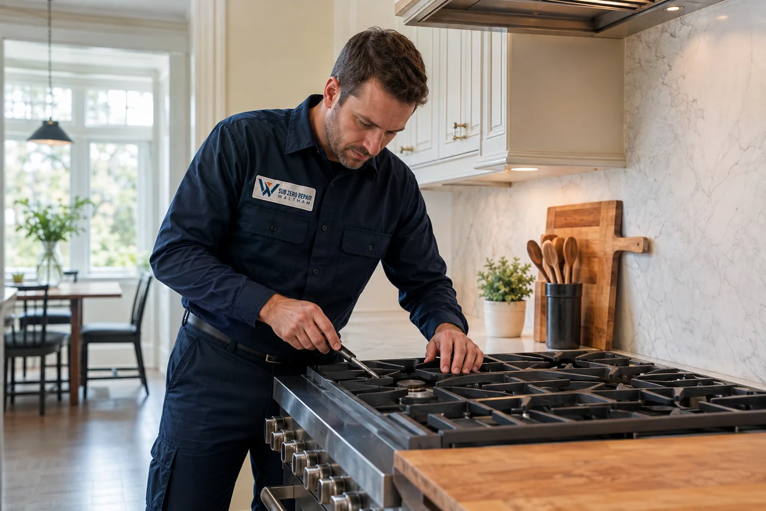 Illustrative Wolf kitchen appliance service scene